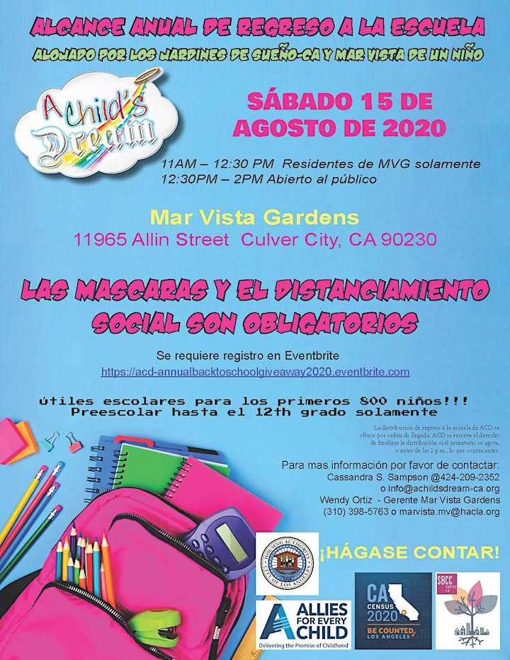 A CHILD'S DREAM-CA:  ANNUAL BACK TO SCHOOL GIVE-AWAY 2020- AUGUST 15, 2020 image
