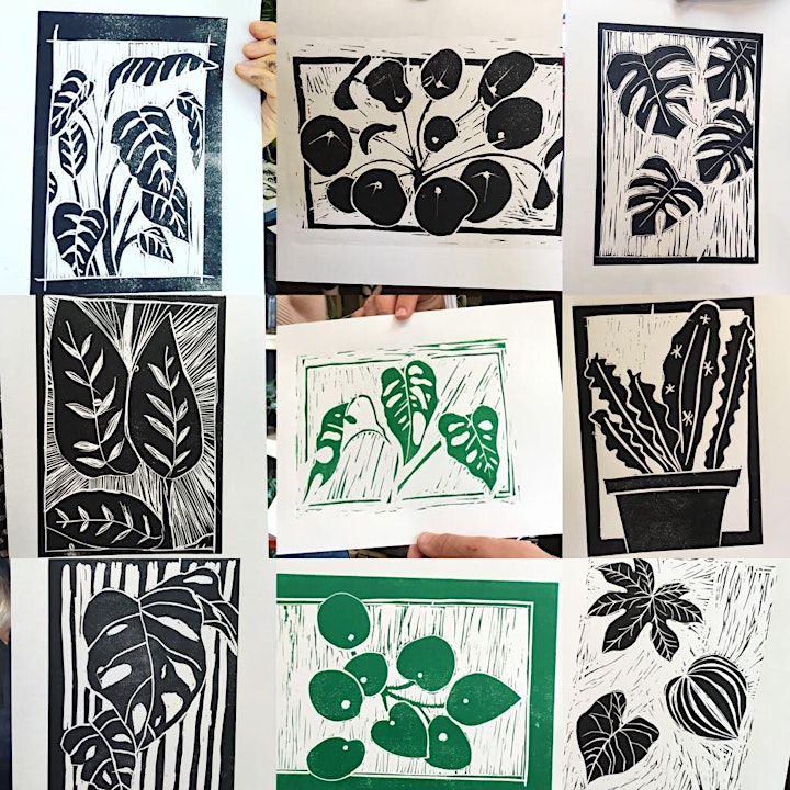 Drawing, Lino cutting and printing of botanicals in a plant shop! image