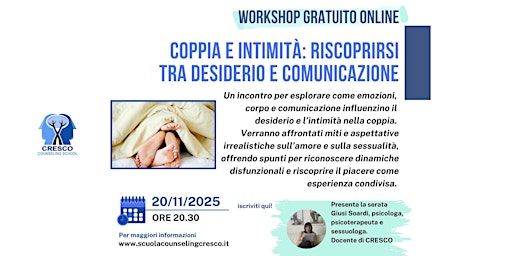 Image principale de WORKSHOP GRATUITO ONLINE: COPPIA E INTIMITA-TRA DESIDERIO E COMUNICAZIONE