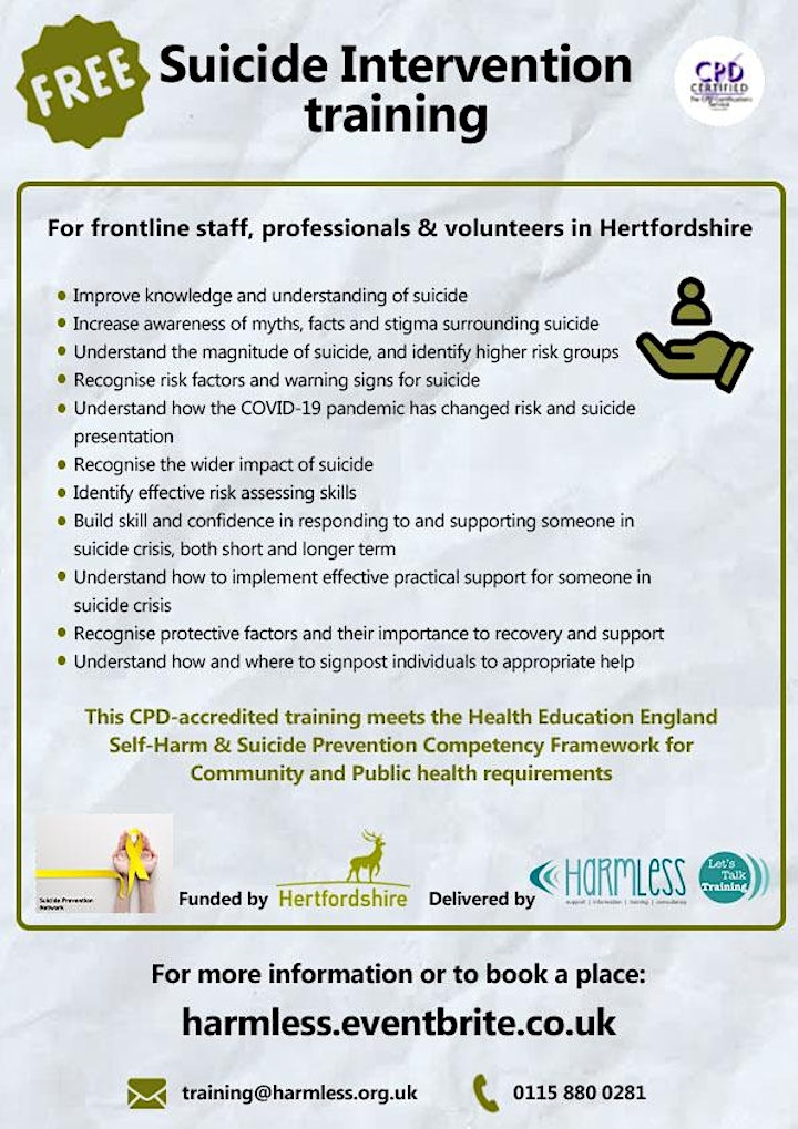FREE Hertfordshire/Herts. Suicide Intervention training - ONLINE image