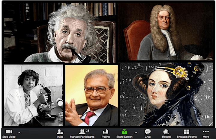 A joke image - a mocked up Zoom window showing various famous nerds joining the meeting, including Albert Einstein and Ada Lovelace.