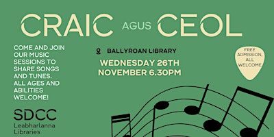 Image principale de Craic agus Ceol - Open traditional music session at Ballyroan Library