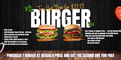 TWO CAN DINE FOR $22.22 – MONDAY BURGER SPECIAL primary image