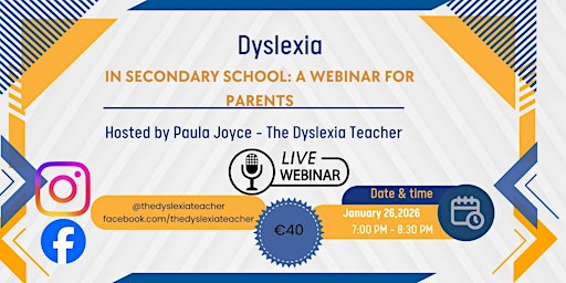 Image principale de Dyslexia in Secondary School: A Webinar for Parents