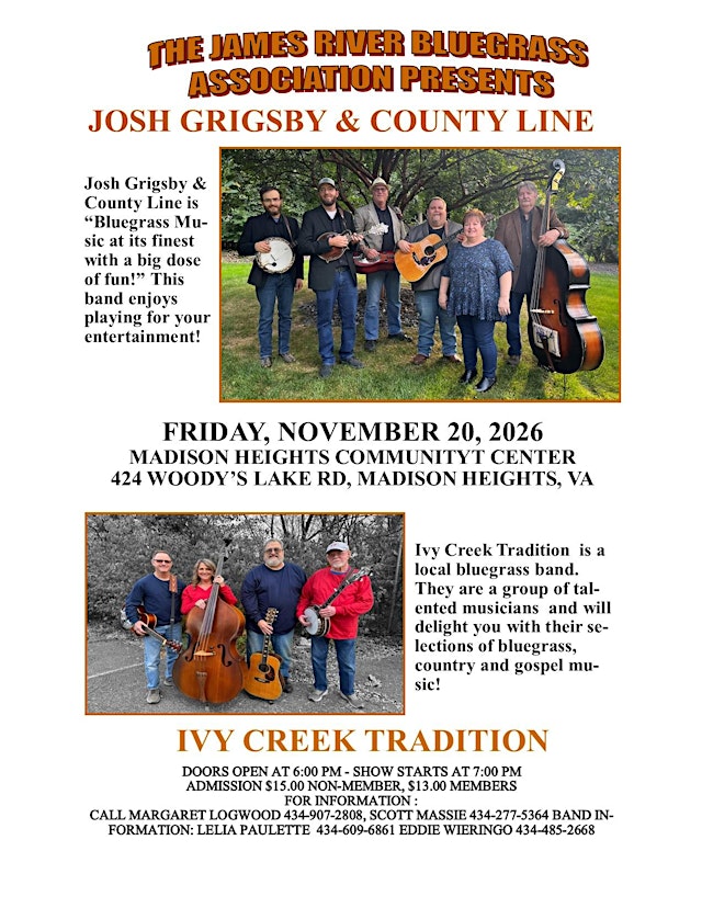 Bluegrass Concert:Josh Grigsby & County Line and Ivy Creek Tradition primary image