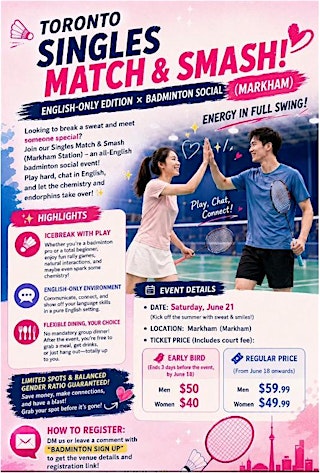 Image principale de !!English!!❤️Chinese Speed Dating 【Badminton+Afternoon Tea】 (Markham)