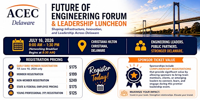 Image principale de ACEC Delaware Future of Engineering Forum & Leadership Luncheon