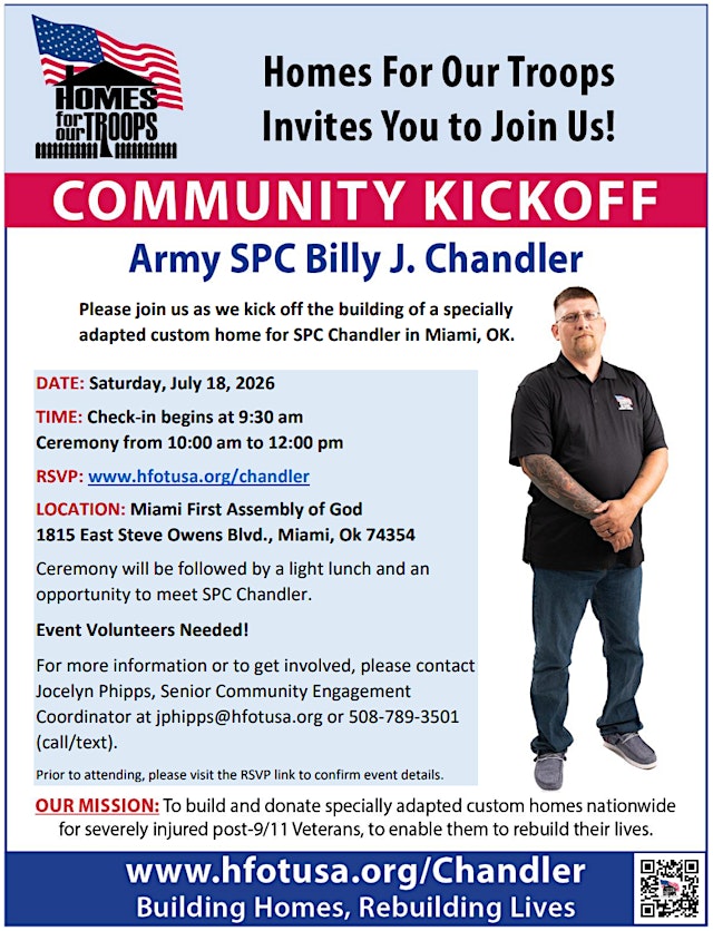 Immagine principale di Community Kickoff for Army SPC Billy Chandler
