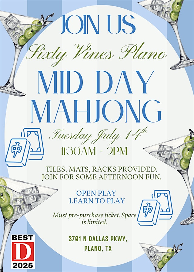 Imagen principal de Mid-Day Mahjong @ Sixty Vines Plano July 14th