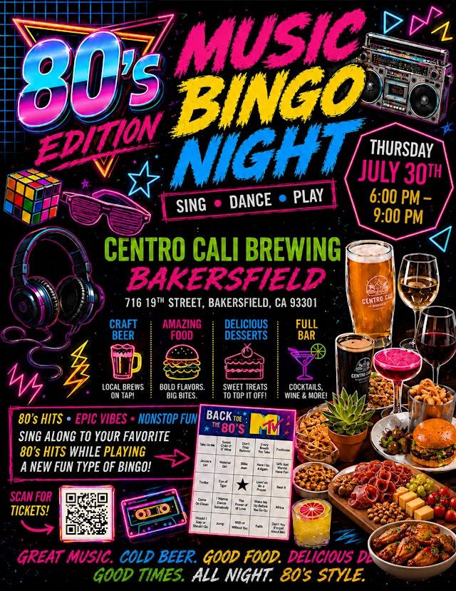 Image principale de 80's Music Bingo Night@ Centro Cali Brewing