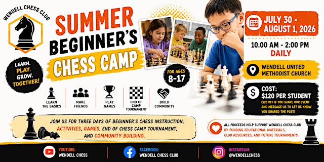Image principale de Summer Beginner's Chess Camp July 30-Aug 1