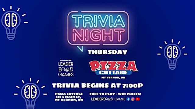 Imagen principal de Trivia Night THURSDAY 7p | Pizza Cottage - Mt Vernon OH @LeaderBoardGames
