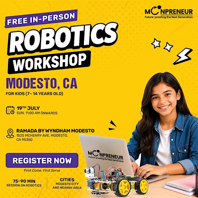 Image principale de Free In-person Robotics Class in Modesto, CA for Kids Ages (7-14 Yrs)