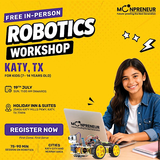 Image principale de Free In-person Robotics Class in Katy, TX for Kids Ages (7-14 Yrs)