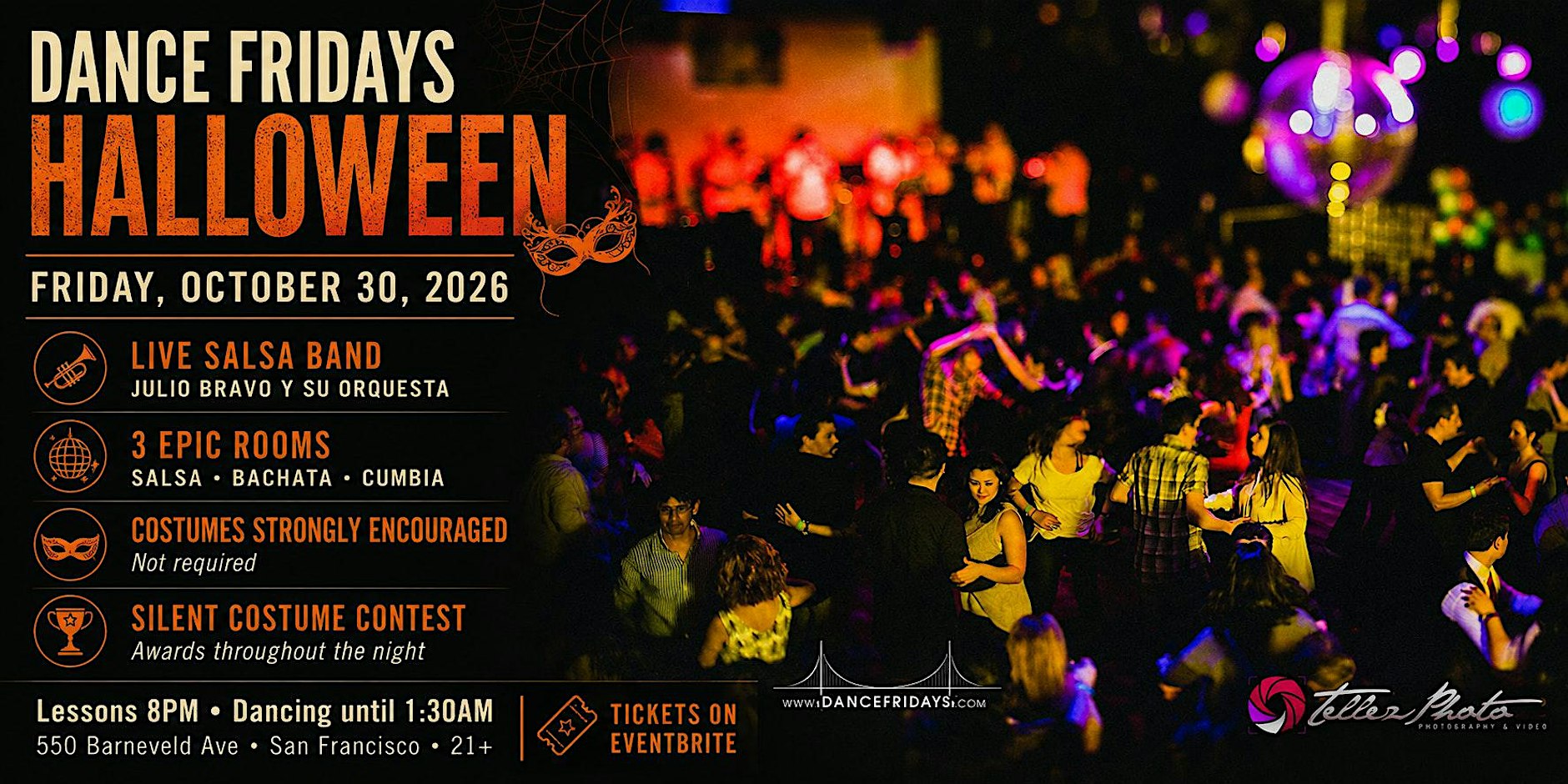 Official Dance Fridays Halloween live salsa band event flyer
