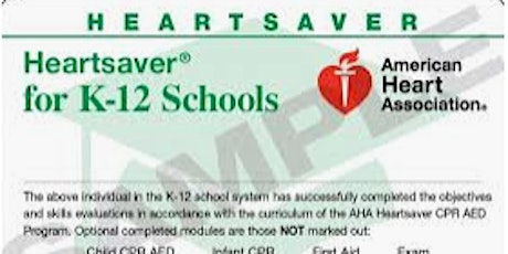 Heartsaver for K-12 Schools eCard; ADAMS HEALTH NETWORK INSTRUCTORS ONLY