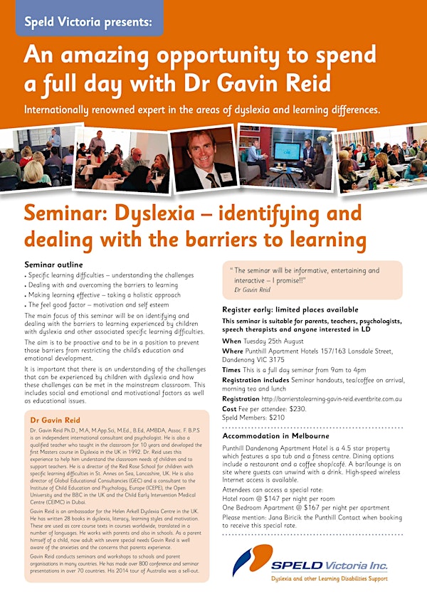 Dyslexia - Identifying and dealing with the barriers to learning: Speld presents Gavin Reid