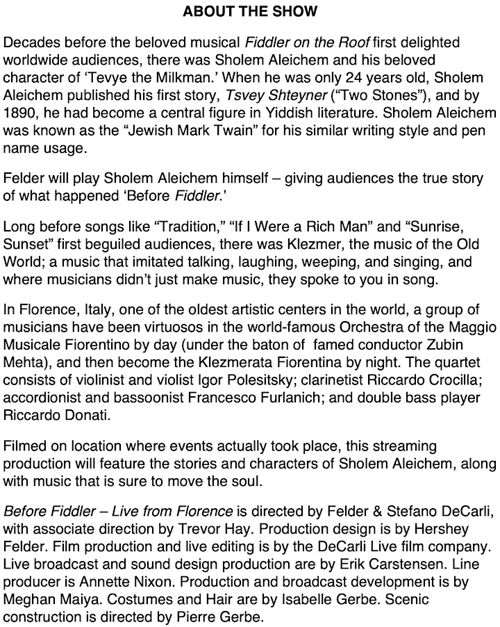 Hershey Felder Presents:  BEFORE FIDDLER - LIVE from FLORENCE image