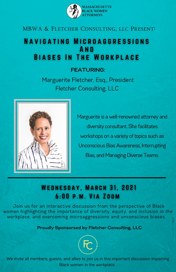  Navigating Microaggressions And Biases in the Workplace: A flyer with the description "Join us for an interactive discussion from the perspective of Black women highlighting the importance of diversity, equity, and inclusion in the workplace, and overcoming microagressions and unconscious biases. We invite all members, guests, and allies to join us in this important discussion impacting Black women in the workplace.