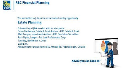 RBC Estate Planning Seminars  September 16th  or November 5th -  2 sessions available,  afternoon or evening primary image