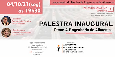 Imagem principal do evento PALESTRA GRATUITA - LANÇAMENTO DO NUCLEO DE ENGENHARIA DE ALIMENTOS