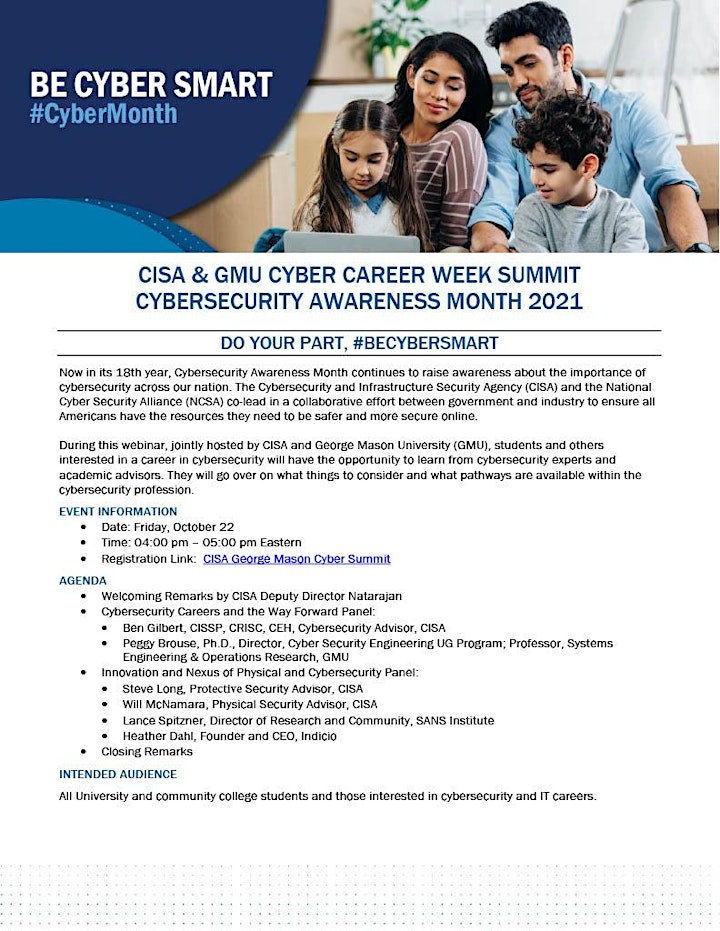 CISA and GMU Cyber Career Week Summit Cybersecurity Awareness Month '21 image