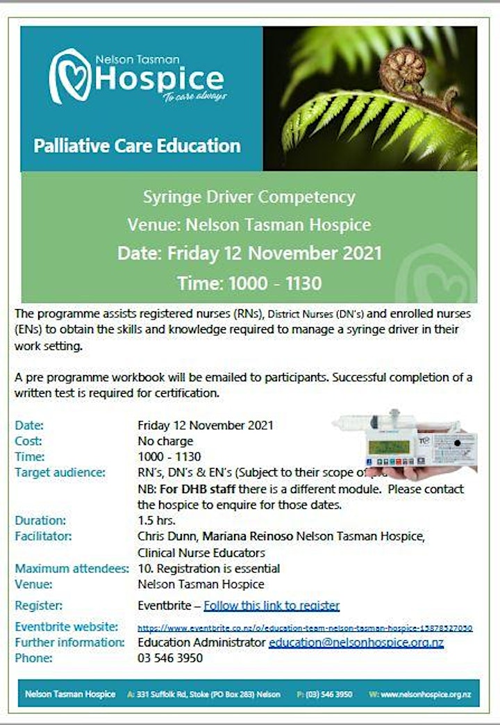 
		Syringe Driver Competency Friday 12 Nov - Venue  Nelson Tasman Hospice image
