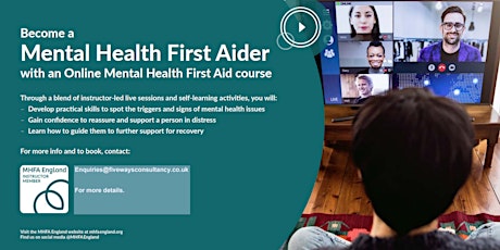 Mental Health First Aid Adult Online Course (England, UK) January 2022 tickets