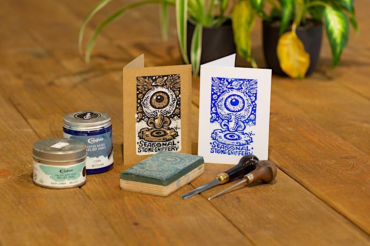 
		Lino Printing Festive Cards workshop, with Koot image
