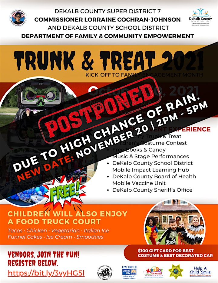 
		POSTPONED: DeKalb County Trunk & Treat Kick-Off To Family Engagement Month image
