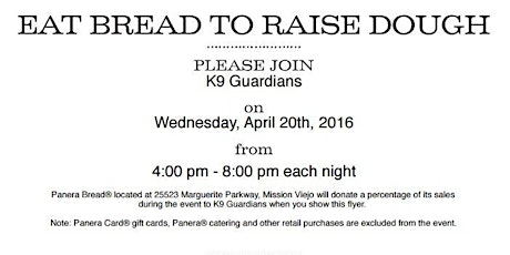 K9 Guardians Panera Bread Fundraiser - Mission Viejo, CA primary image