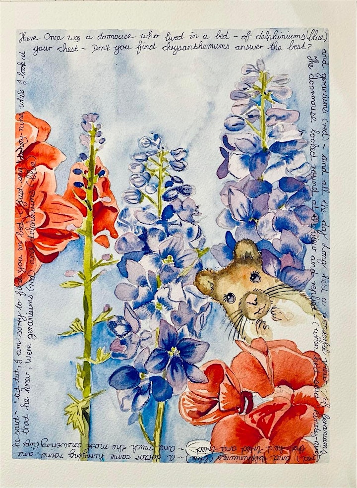 
		Watercolour painting class: Delphiniums, geraniums and a mouse image
