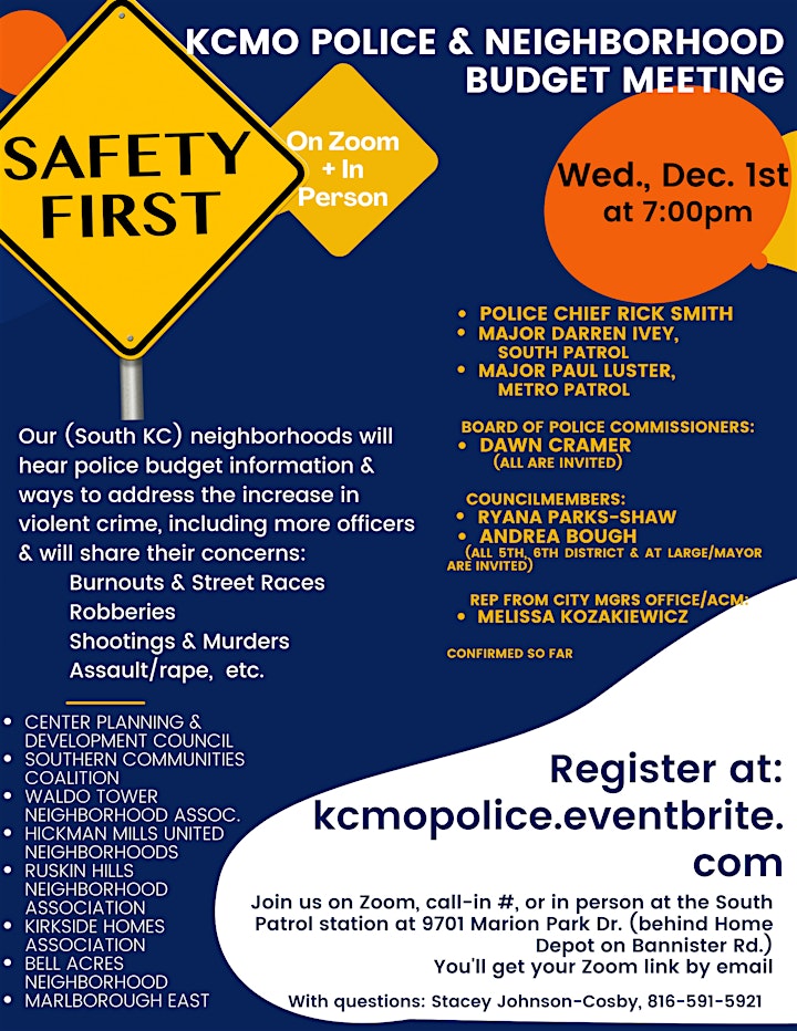 South KC Mtg Regarding Police Budget: 12/1 at 7:00pm: In-Person & On Zoom image