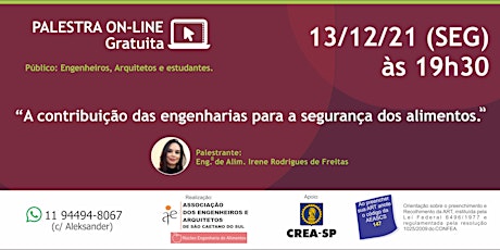 Imagem principal do evento PALESTRA - A contribuição das engenharias para a segurança dos alimentos.