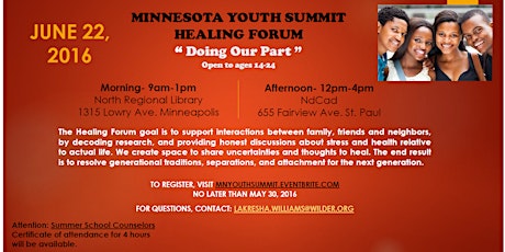 Minnesota Youth Summit Healing Forum: "Doing Our Part" primary image