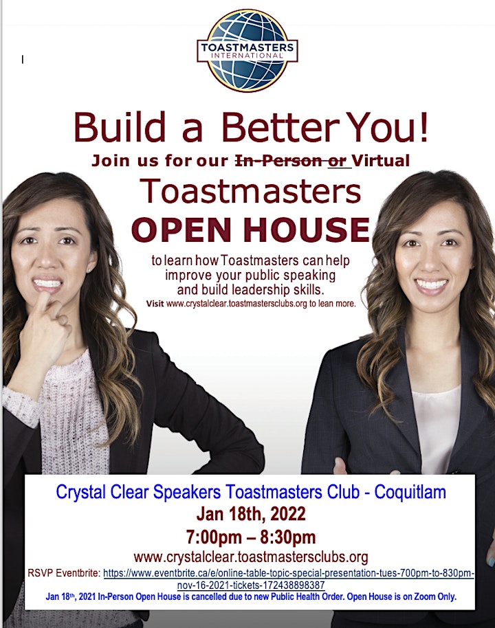 
		Crystal Clear Toastmasters Club meeting Tues 7:00pm to 8:30pm, Dec 7, 2021 image
