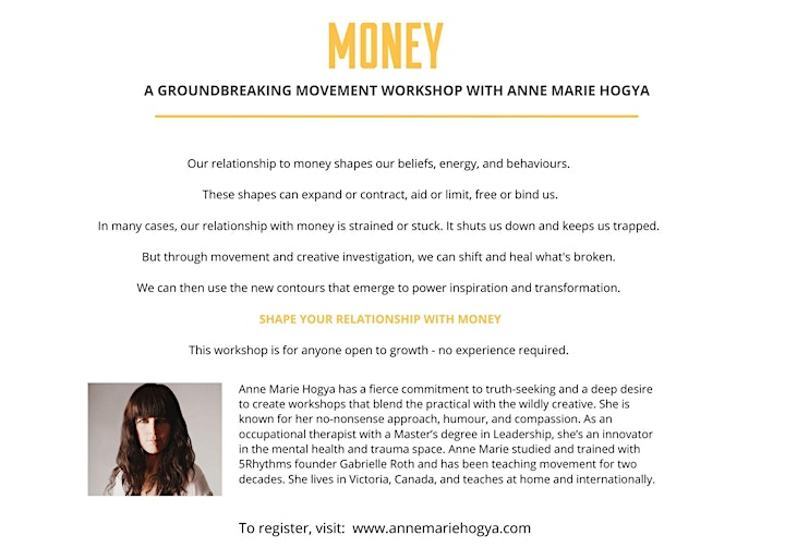 
		MONEY -  A groundbreaking movement workshop with Anne Marie Hogya image
