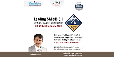 Leading SAFe (SA) 5.1 Certification Online  23, 29 & 30 January 2022 tickets