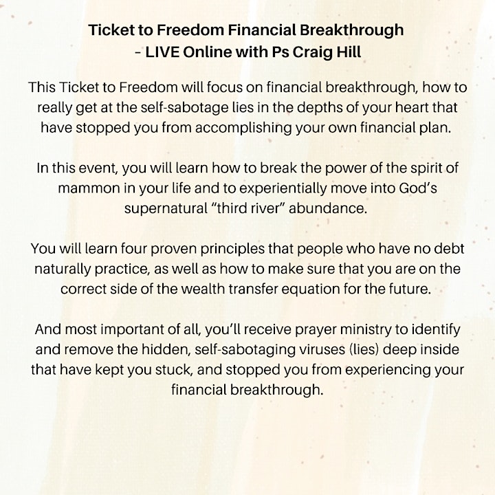 
		Ticket to Freedom Experience with Ps Craig Hill - Financial Breakthrough image
