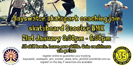 Bayswater skatepark coaching jam session - skateboard, scooter and BMX tickets