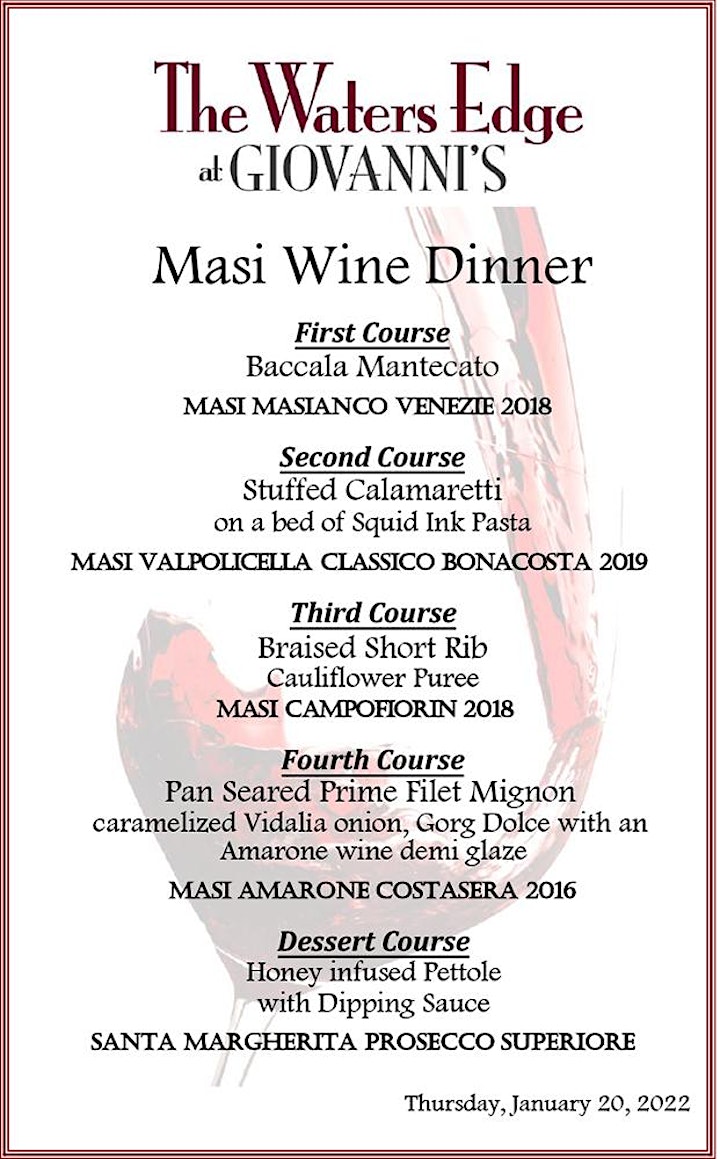 
		The Waters Edge at Giovanni's presents wines by Masi vineyards. image
