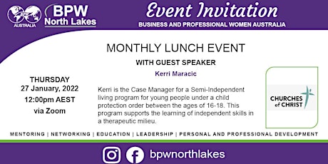 BPW North Lakes January 2022  Zoom meeting with Guest Speaker Kerri Maracic tickets