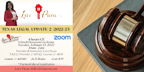 Texas Legal Update Part 2 (2022-2023) CE with Love Picou via Zoom tickets