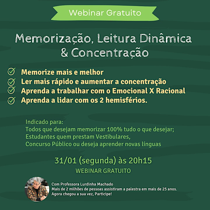 Imagem do evento Webinar Gratuito: Como Desenvolver a Memória, Leitura e Concentração