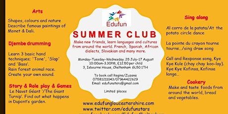 Multicultural Summer Club for children 4+. Make new friends, learn languages and cultures from around the world. French, Spanish, African dialects, Slovakian and many more. primary image