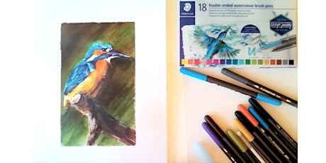Britain Kingfisher bird [painting with watercolor brush pens] LIVE in ZOOM tickets