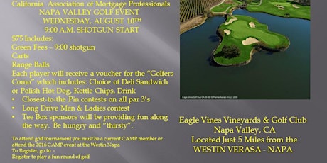 CAMP Golf Tournament Eagle Vines Napa Aug 10th 9:00am primary image