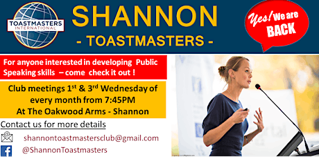 ToastMasters Shannon - 1st and 3rd Wednesday - Oakwood @ 7:45PM tickets