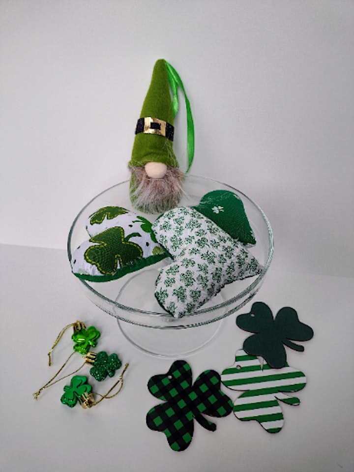 About St. Patrick's Day Wreath/Tiered Tray/Lighted Shamrock  Wine Bottle image