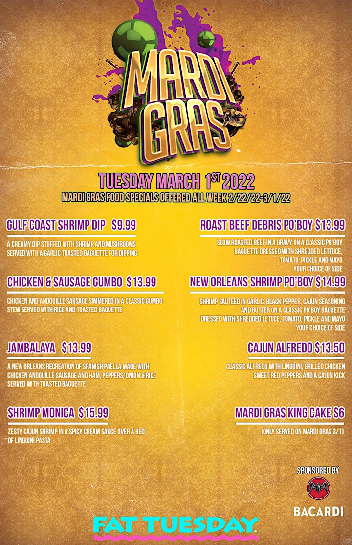 Mardi Gras at Fat Tuesday Tempe Tuesday, March 1st! image